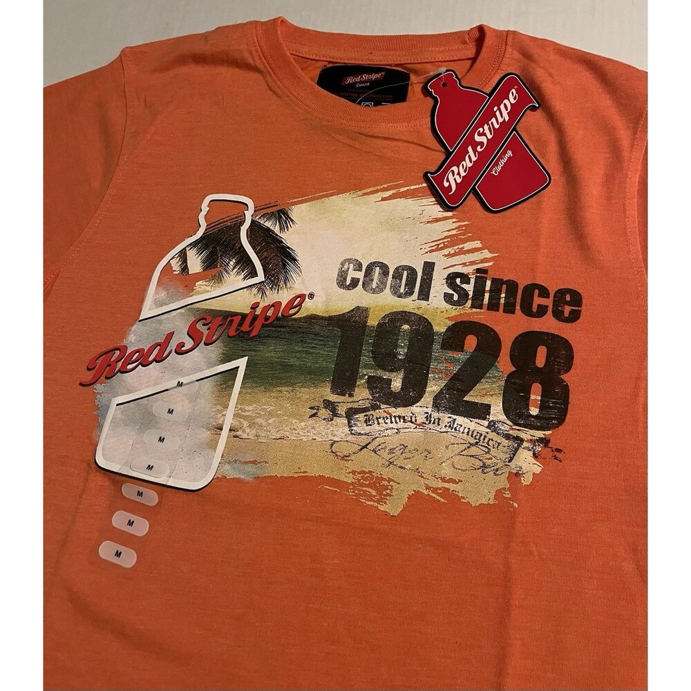 NWT Red Stripe Beer Jamaica OFFICIAL Orange T-Shirt MED Rasta Tropical Beach Bar